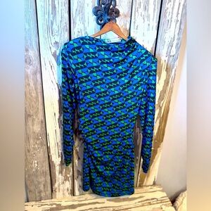 Zara Geometric Blue Green Black Long sleeve Dress size small Mock neck Bodycon